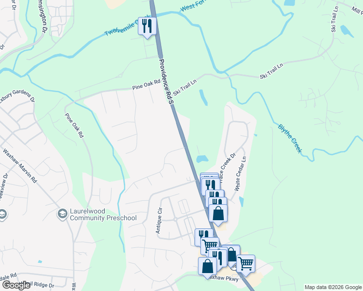 map of restaurants, bars, coffee shops, grocery stores, and more near 7700 Kingston Drive in Waxhaw