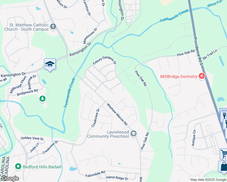 map of restaurants, bars, coffee shops, grocery stores, and more near 4502 Hampstead Heath Drive in Waxhaw