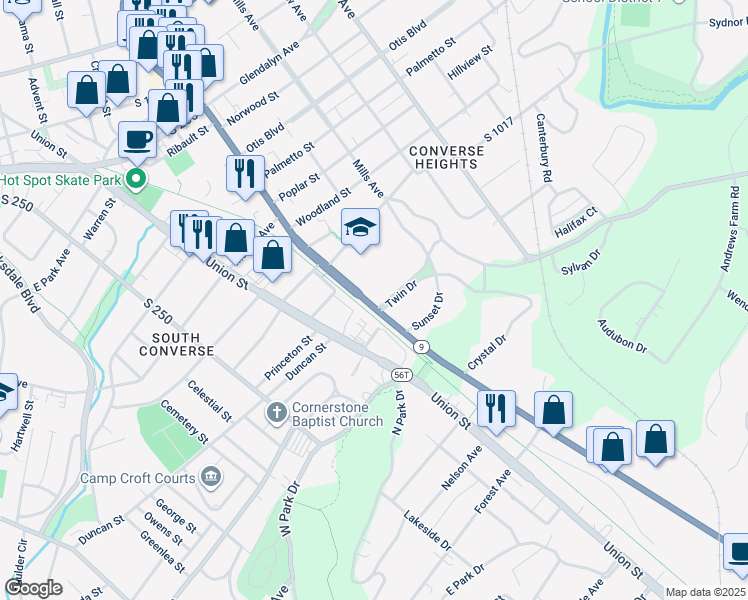 map of restaurants, bars, coffee shops, grocery stores, and more near 500 Twin Drive in Spartanburg