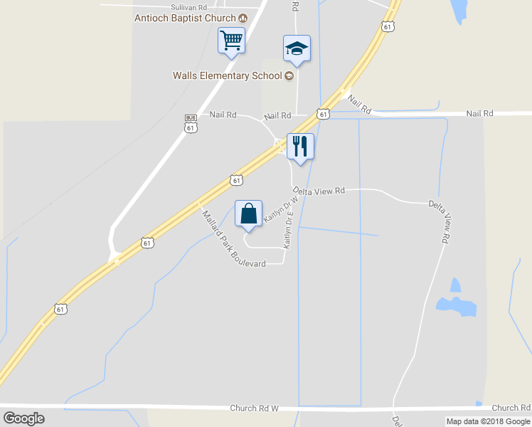 map of restaurants, bars, coffee shops, grocery stores, and more near 5661 Kaitlyn Drive West in Walls