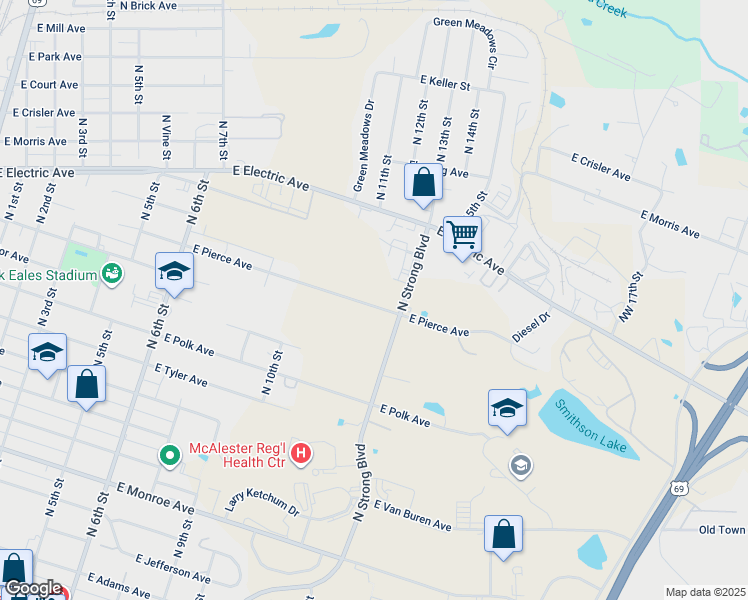 map of restaurants, bars, coffee shops, grocery stores, and more near 1115 East Pierce Avenue in McAlester