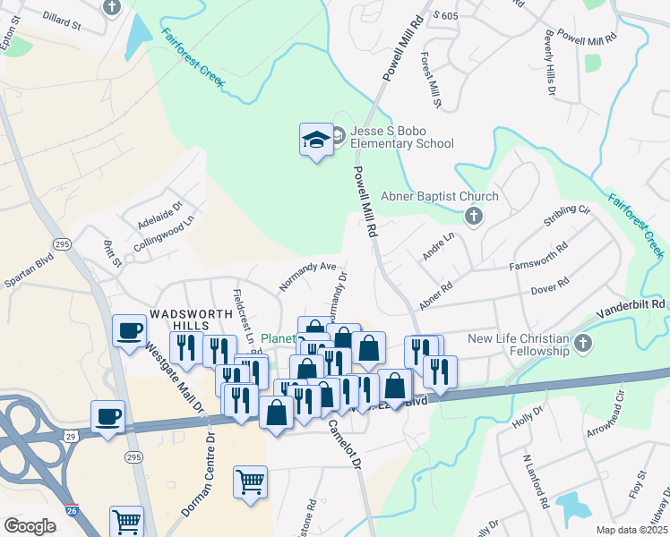 map of restaurants, bars, coffee shops, grocery stores, and more near 118 Normandy Avenue in Spartanburg