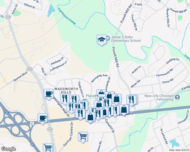 map of restaurants, bars, coffee shops, grocery stores, and more near 109 Normandy Avenue in Spartanburg