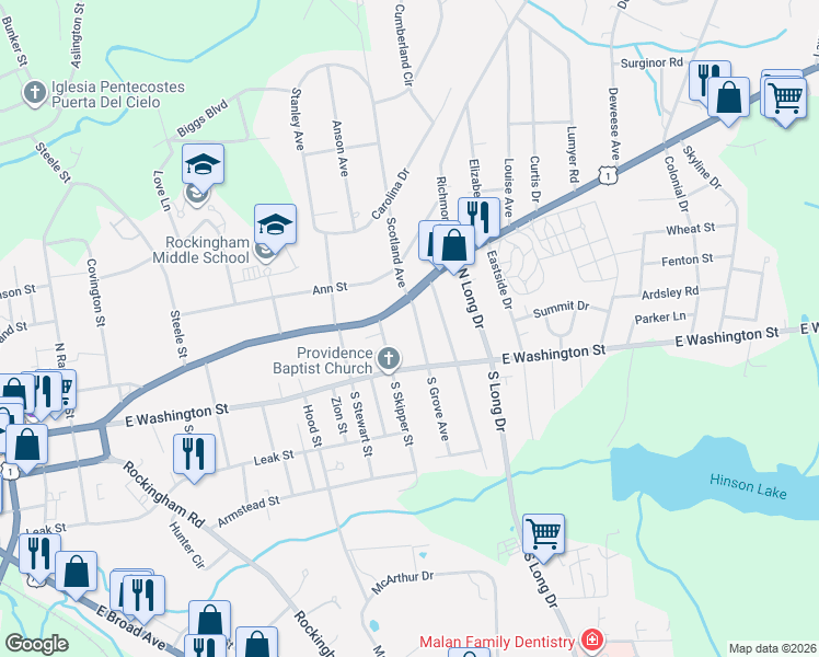map of restaurants, bars, coffee shops, grocery stores, and more near 111 North Grove Avenue in Rockingham