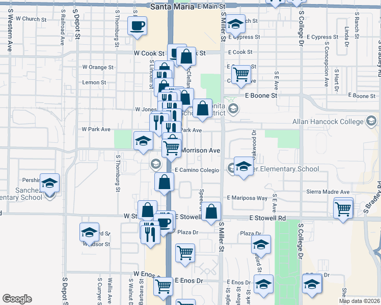 map of restaurants, bars, coffee shops, grocery stores, and more near 200 East Morrison Avenue in Santa Maria