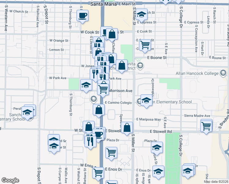map of restaurants, bars, coffee shops, grocery stores, and more near 200 East Morrison Avenue in Santa Maria