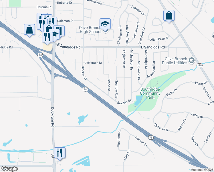 map of restaurants, bars, coffee shops, grocery stores, and more near 5685 Stone Street in Olive Branch