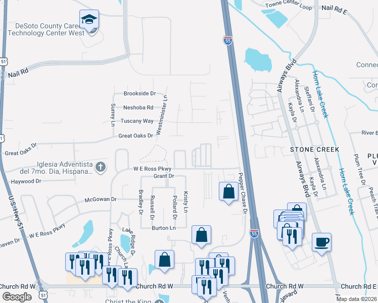 map of restaurants, bars, coffee shops, grocery stores, and more near 536 West East Ross Parkway in Southaven