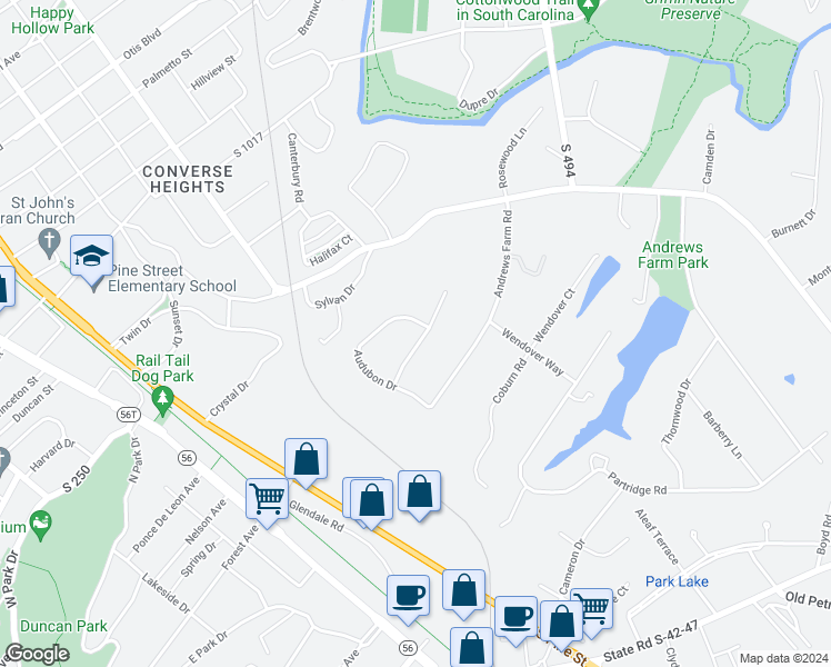 map of restaurants, bars, coffee shops, grocery stores, and more near 521 Audubon Drive in Spartanburg