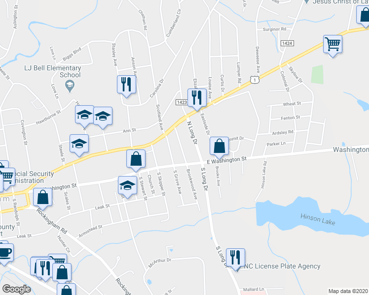map of restaurants, bars, coffee shops, grocery stores, and more near 116 North Brookwood Avenue in Rockingham