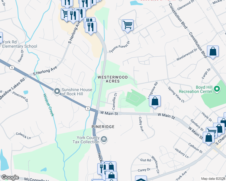 map of restaurants, bars, coffee shops, grocery stores, and more near 1270 Camellia Court in Rock Hill