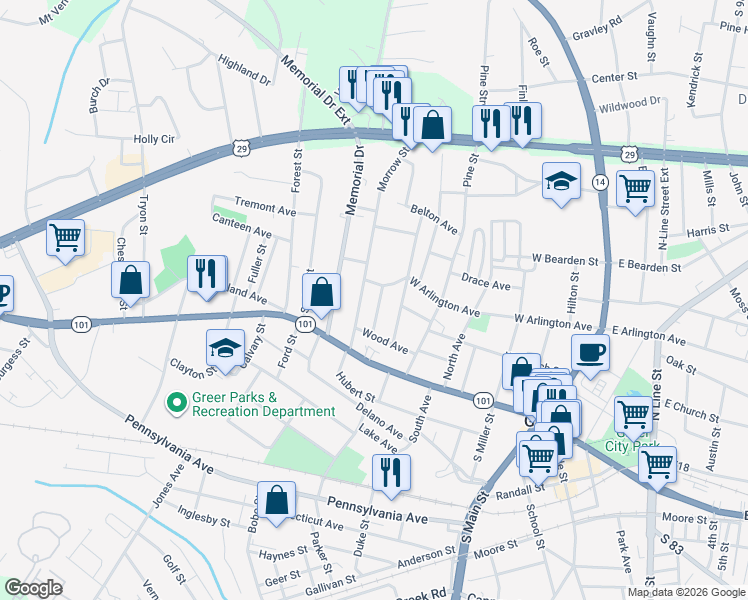 map of restaurants, bars, coffee shops, grocery stores, and more near 103 Jackson Street in Greer