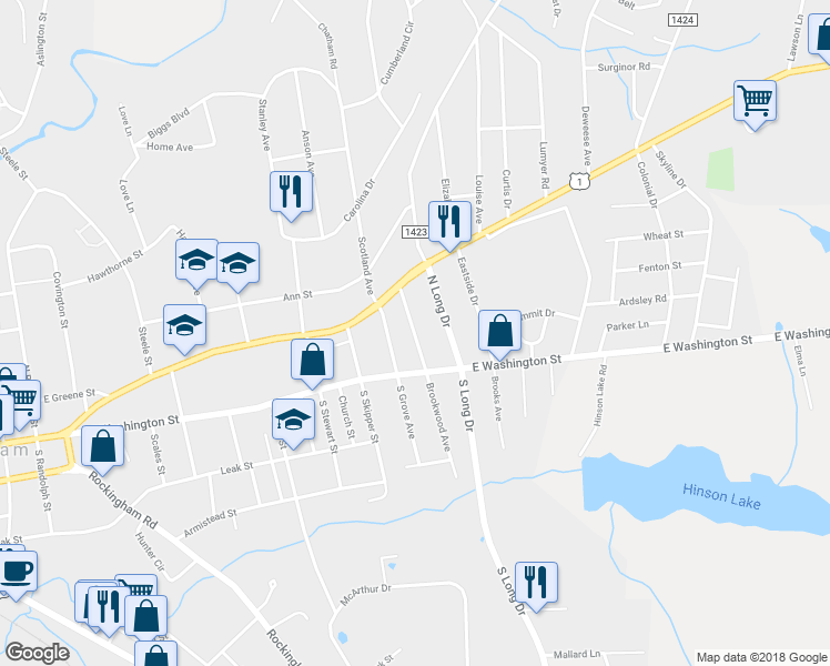 map of restaurants, bars, coffee shops, grocery stores, and more near 202 North Brookwood Avenue in Rockingham