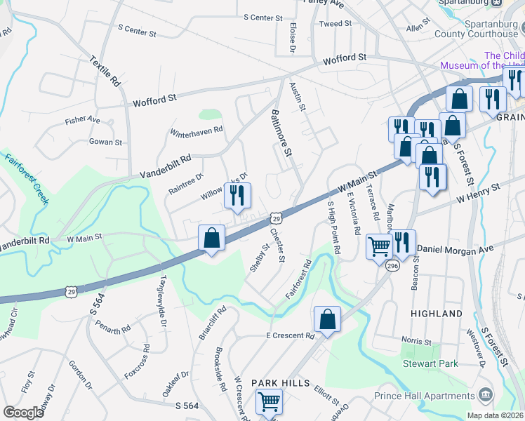 map of restaurants, bars, coffee shops, grocery stores, and more near 706 West Main Street in Spartanburg