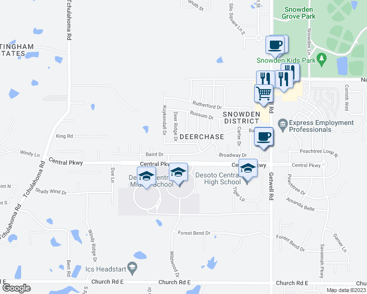 map of restaurants, bars, coffee shops, grocery stores, and more near 2583 Hunters Pointe Drive in Southaven