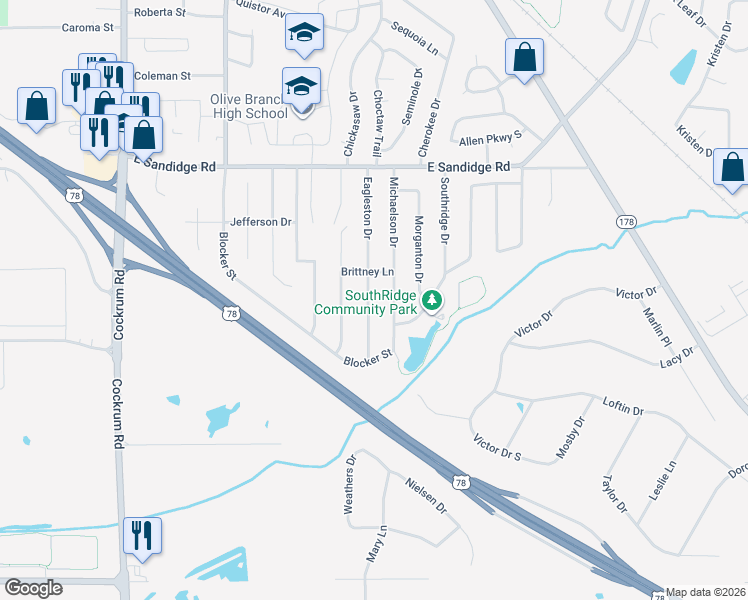 map of restaurants, bars, coffee shops, grocery stores, and more near 5718 Eagleston Drive in Olive Branch