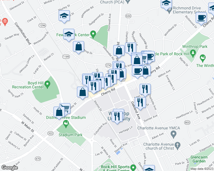map of restaurants, bars, coffee shops, grocery stores, and more near 1016 Ebenezer Avenue Extension in Rock Hill