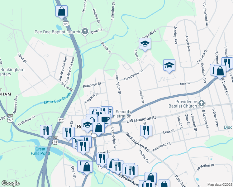 map of restaurants, bars, coffee shops, grocery stores, and more near 317 Covington Street in Rockingham