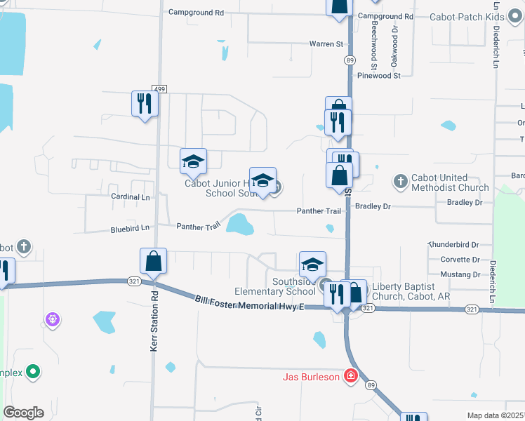 map of restaurants, bars, coffee shops, grocery stores, and more near Panther Trail in Cabot