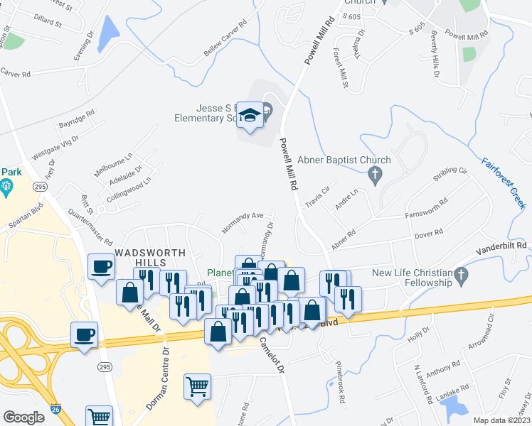 map of restaurants, bars, coffee shops, grocery stores, and more near 118 Normandy Avenue in Spartanburg
