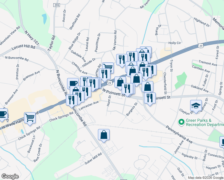 map of restaurants, bars, coffee shops, grocery stores, and more near 1317D West Poinsett Street in Greer