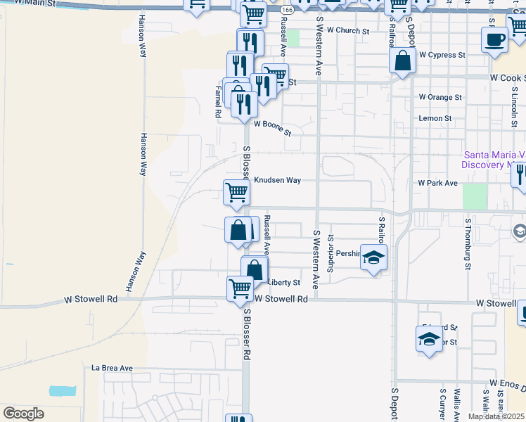 map of restaurants, bars, coffee shops, grocery stores, and more near 905 South Russell Avenue in Santa Maria