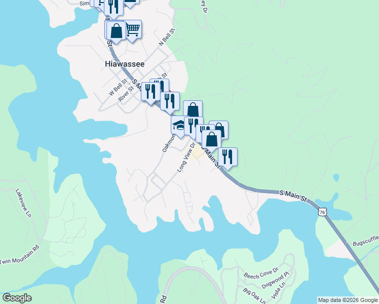 map of restaurants, bars, coffee shops, grocery stores, and more near 418 Long View Drive in Hiawassee