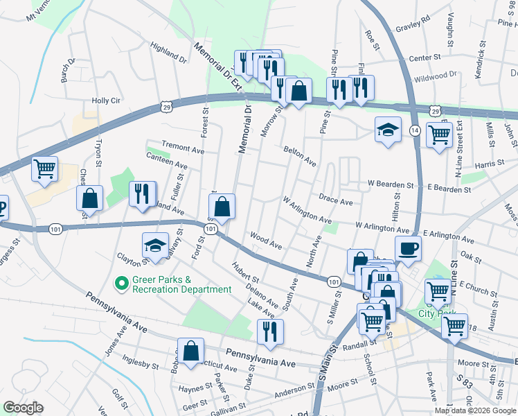 map of restaurants, bars, coffee shops, grocery stores, and more near 103 Jackson Street in Greer