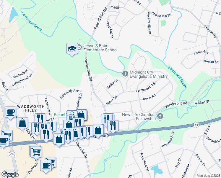 map of restaurants, bars, coffee shops, grocery stores, and more near 614 Andre Court in Spartanburg