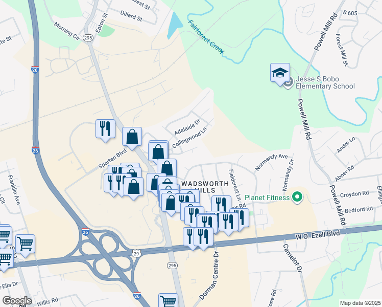 map of restaurants, bars, coffee shops, grocery stores, and more near 100 Flinders Way in Spartanburg