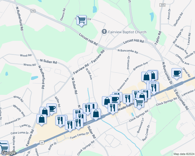 map of restaurants, bars, coffee shops, grocery stores, and more near 100 Fieldhaven Court in Greer