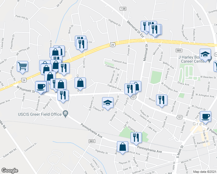 map of restaurants, bars, coffee shops, grocery stores, and more near 818 West Poinsett Street in Greer