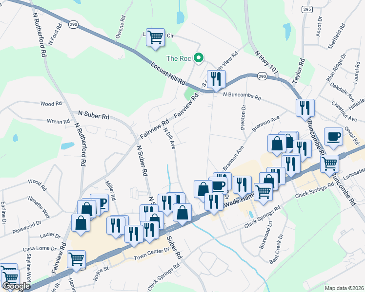 map of restaurants, bars, coffee shops, grocery stores, and more near 242 North Dill Avenue in Greer
