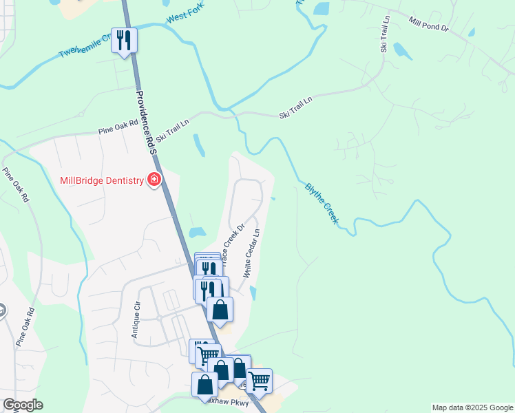 map of restaurants, bars, coffee shops, grocery stores, and more near 2069 White Cedar Lane in Waxhaw