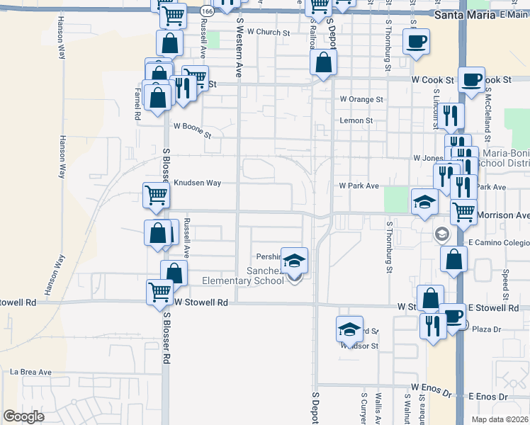 map of restaurants, bars, coffee shops, grocery stores, and more near 700 West Morrison Avenue in Santa Maria