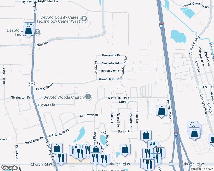 map of restaurants, bars, coffee shops, grocery stores, and more near 5654 April Drive in Southaven
