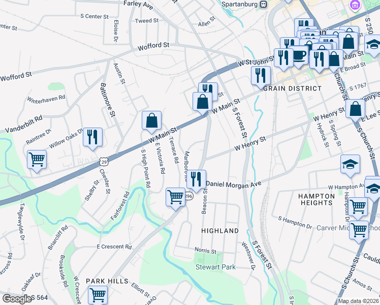 map of restaurants, bars, coffee shops, grocery stores, and more near 125 Marlboro Road in Spartanburg
