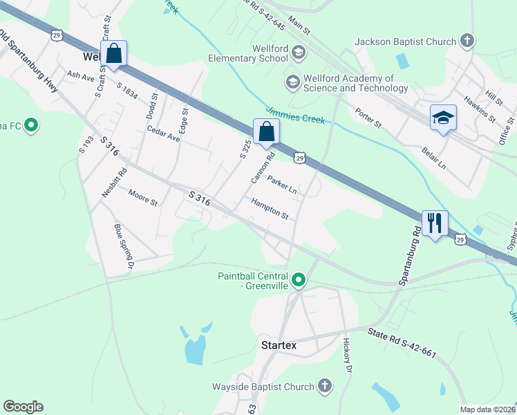map of restaurants, bars, coffee shops, grocery stores, and more near 132 Cannon Road in Wellford