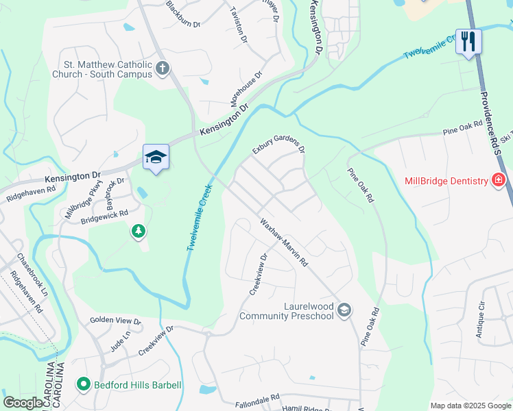 map of restaurants, bars, coffee shops, grocery stores, and more near 4320 Overbecks Lane in Waxhaw