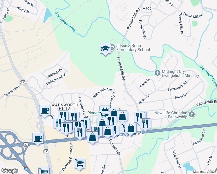map of restaurants, bars, coffee shops, grocery stores, and more near 121 Normandy Avenue in Spartanburg