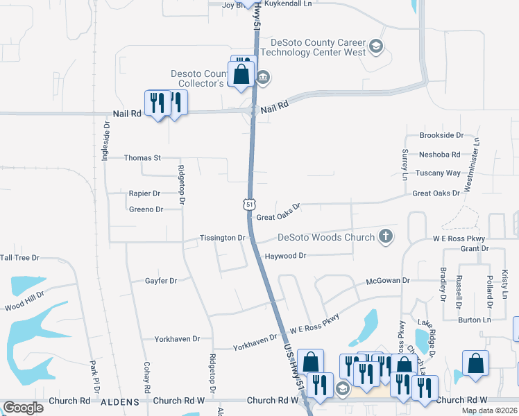 map of restaurants, bars, coffee shops, grocery stores, and more near 1411 Audubon Point Drive in Horn Lake