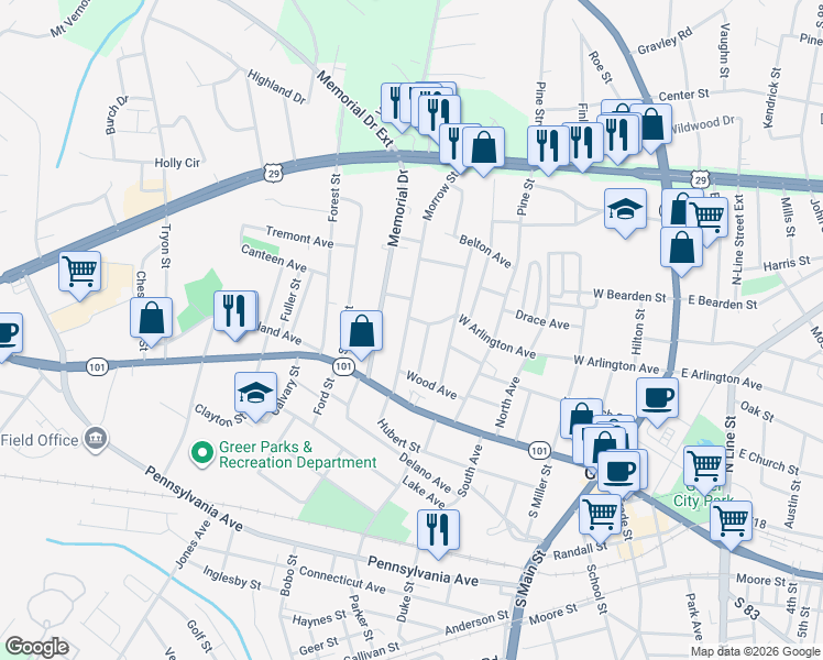 map of restaurants, bars, coffee shops, grocery stores, and more near 202 Morrow Street in Greer