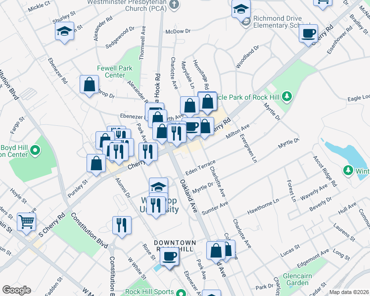 map of restaurants, bars, coffee shops, grocery stores, and more near 529 Cherry Road in Rock Hill