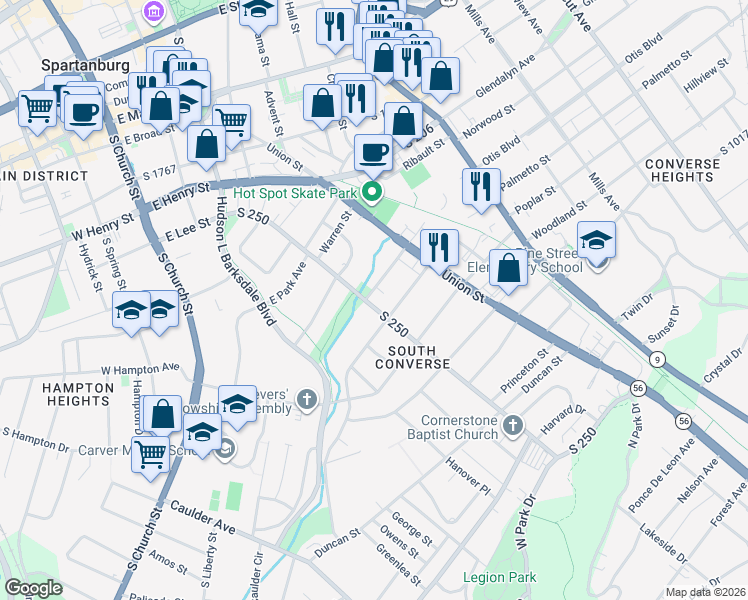 map of restaurants, bars, coffee shops, grocery stores, and more near 417 South Converse Street in Spartanburg