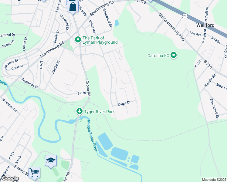 map of restaurants, bars, coffee shops, grocery stores, and more near 65 Ridge Road in Lyman