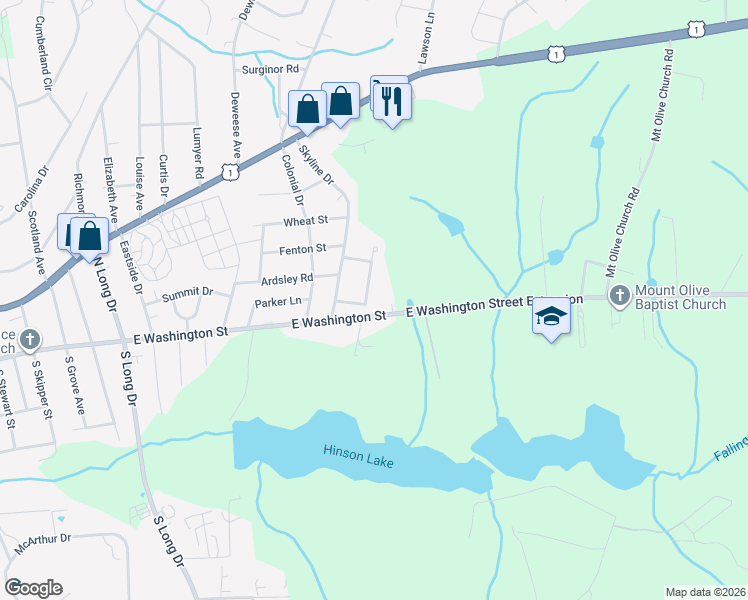 map of restaurants, bars, coffee shops, grocery stores, and more near 107 Starlight Drive in Rockingham
