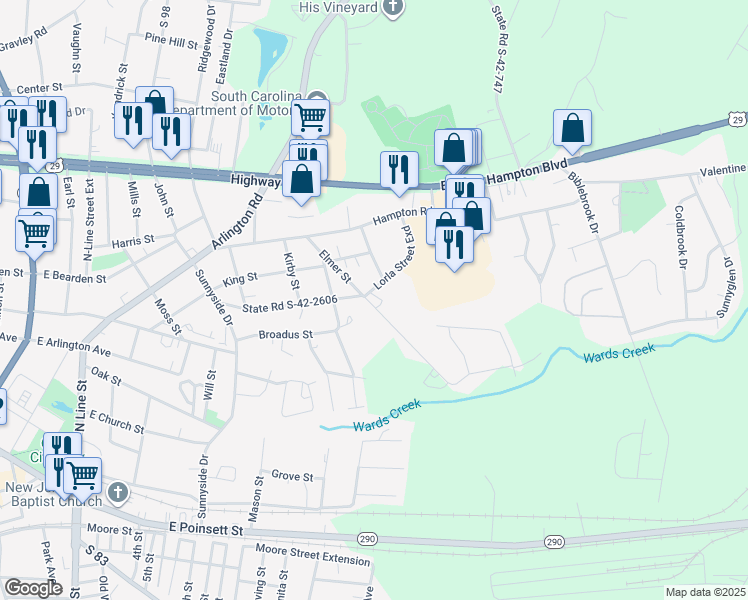 map of restaurants, bars, coffee shops, grocery stores, and more near 500 State Road S-42-2606 in Greer