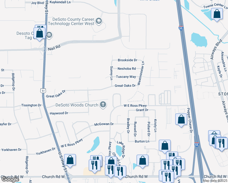 map of restaurants, bars, coffee shops, grocery stores, and more near 5745 Surrey Lane in Southaven