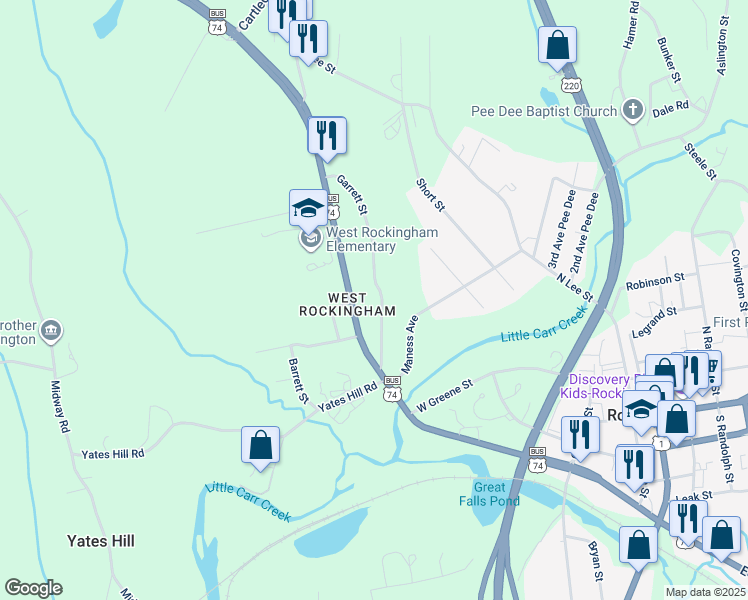 map of restaurants, bars, coffee shops, grocery stores, and more near 131 Garrett Street in Rockingham