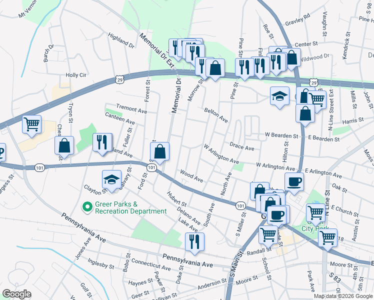 map of restaurants, bars, coffee shops, grocery stores, and more near 202 Morrow Street in Greer